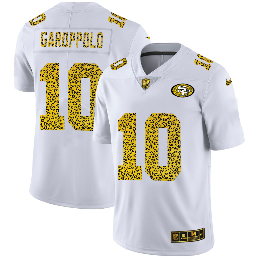 Custom San Francisco 49ers 10 Jimmy Garoppolo Men Nike Flocked Leopard Print Vapor Limited NFL Jersey White
